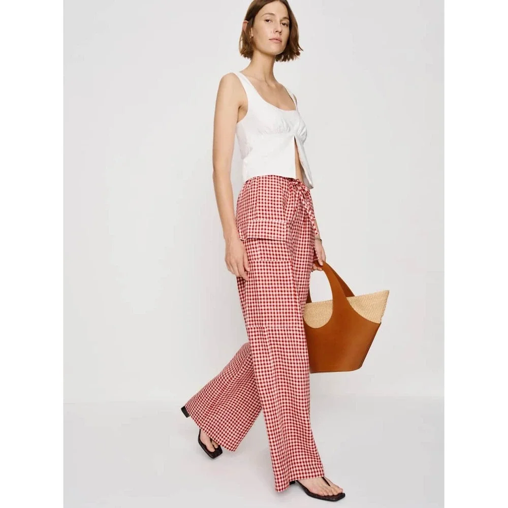 Reformation Ethan Linen Pant Tomato Check Red Gingham Cargo Pants Size S NEW